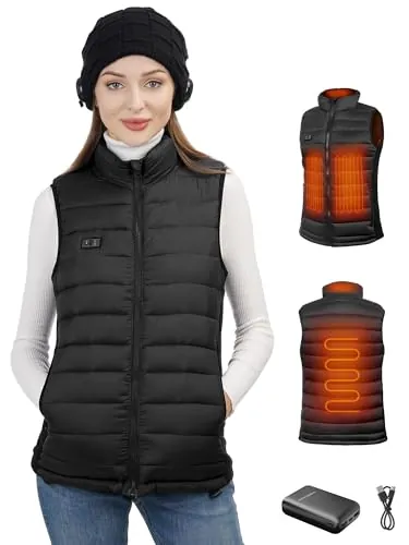 Loowoko Chaleco calefactable mujer con bateria 10000mah, chaqueta calefactable sin mangas ligera, 3 niveles de calor + 4 zonas, Para trabajar al aire libre, ciclismo, moto y esquí