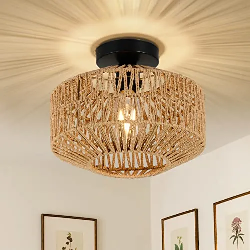 Rayofly Lámpara de Techo Colgante de Ratán - Estilo Boho y Vintage de Bambú - Rústica para Salón, Dormitorio, Cocina y Pasillo