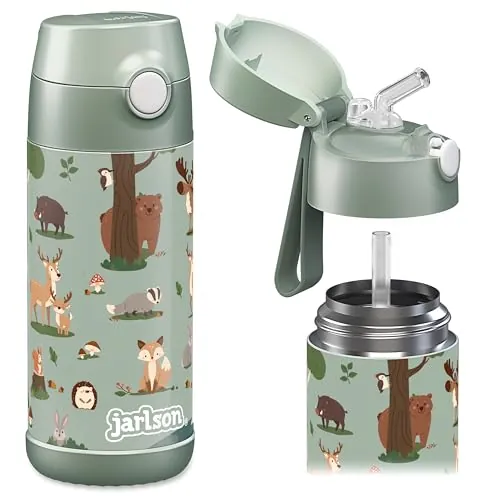 Jarlson® Botella Agua Niños & Niñas CHARLI [ACERO INOXIDABLE] - Garrafa Térmica Infantil Sin BPA - Water Bottle con Pajita - Botellas Inox a Prueba de Fugas (Animales del bosque, 350 ml)