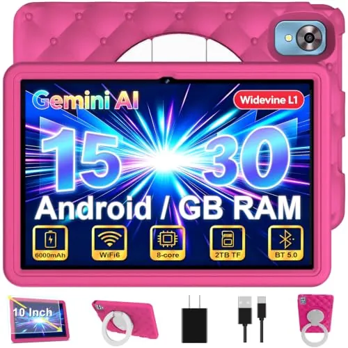 DMOAO Tablet para Niños 10 Pulgadas Android 15 con 30 GB RAM, 5G WiFi 6, Control Parental, 8-Core, 8MP + 5MP, 6000 mAh, Tablet Infantil con Funda Protectora EVA + Soporte 360° Giratorio, Rosa Rojo
