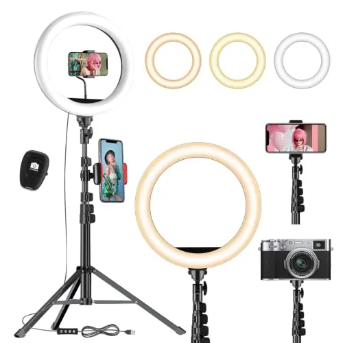 UPhitnis Aro de Luz con Tripode, Ring Light con 3 Modos 10 Brillos Regulables Aro de Luz para Móvil Youtube Maquillaje,Selfie Fotografía,Streaming