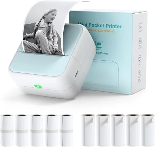 Bisofice Mini Impresora para Movil, Mini Impresora Termica Fotográfica para Smartphone, Bluetooth Impresora Portátil con 11 Rollos de Pape, para Fotos, Diario, Notas, Lista, Azul