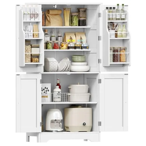 TEENFON Alacena de Cocina Alta y Despensa, Armario de 4 Puertas con 6 Estantes y 2 Compartimentos en la Puerta, Aparador y Mueble de Almacenaje Multiusos para Cocina, Salón, Comedor, 130 cm, Blanco
