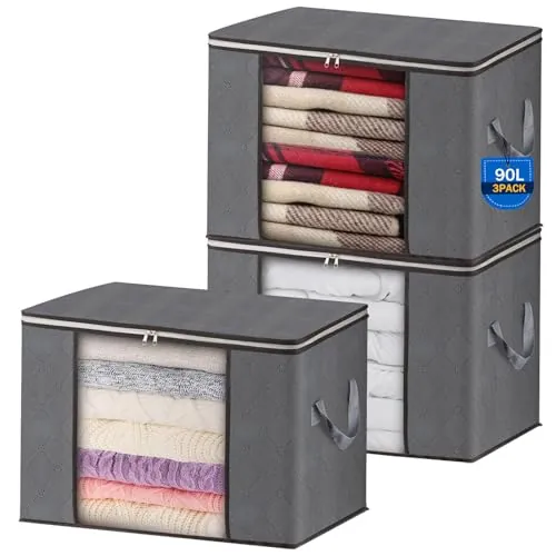 AIOR 3pcs Bolsa de Almacenamiento de Ropa Plegable, 90L Grandes Cajas de Almacenaje Ropa con Cremallera y Mango Reforzado, No-Tejida Organizador Guardar para Edredones Mantas, 60x40x35cm
