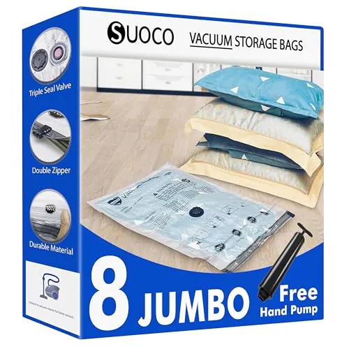 SUOCO Bolsas al Vacío Ropa, Juego de 8 Bolsas (8J) con Bomba de Mano, Bolsas de Almacenaje al Vacío para Ropa y Edredones, Viaje y Hogar, Resistente y Reutilizable