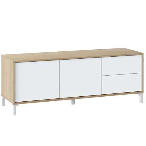 Habitdesign Mesa para TV Brooklyn Color Roble Canadian y Blanco Artik salón Comedor Estilo nórdico Mueble 47x130x41 cm