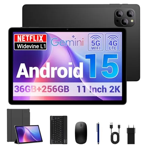 BEYNIVAN Tablet 11 Pulgadas Android 15 Tableta Gaming Octa-Core T615,4G LTE y 5G WiFi,36GB RAM+ 256GB ROM,Widevine L1,8000 mAh,Cámara 16MP+8MP, GPS,Tablet con Teclado,Nero