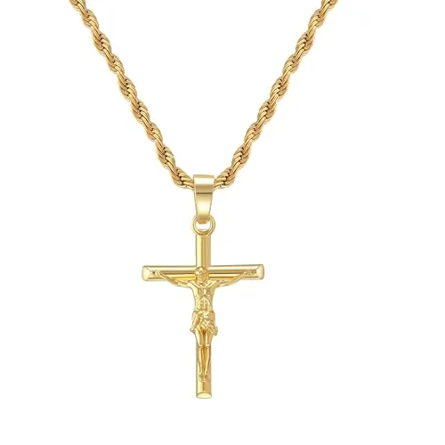 WATEFOER Collar Cruz para Hombre, Cadena de Acero Inoxidable Chapado en Oro de 18K con Colgante Crucifijo, Collar Cruz Católica de Jesús Regalo Religioso para Pascua Día del Padre