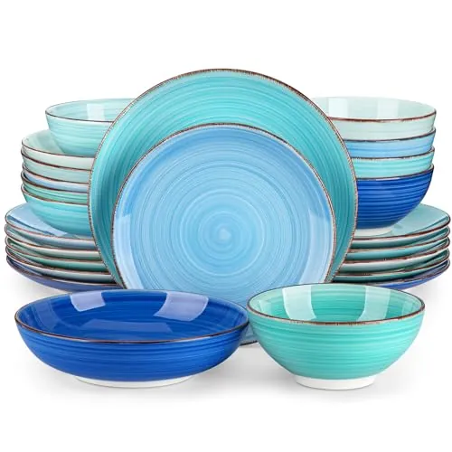 vancasso Serie Bonita Juego de Vajilla Completo 24 Piezas Pintados a Mano con 6 Platos Llanos, 6 Platos de Postre, 6 Cuencos para Pasta y 6 Cuencos de Cereales, Vajilla Azul Colores para 6 Personas