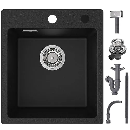 CECIPA Fregadero de granito negro de 40 x 45 cm, negro, rectangular, moderno fregadero de granito, fregadero de cocina pequeño, fregadero individual con 2 agujeros para grifo, 1 lavabo