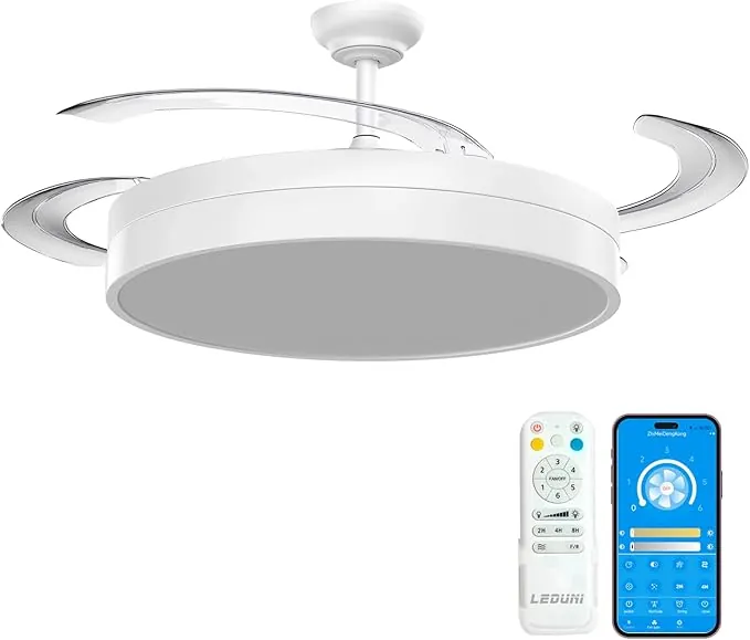 Ventilador de techo con luz con mando 3 aspas, Motor DC 30W+Luz LED,temporizador, 6 velocidades, aspas retráctiles, 3 temperaturas de luz, función verano-invierno Silencioso (Blanco Nielo, 50CM)