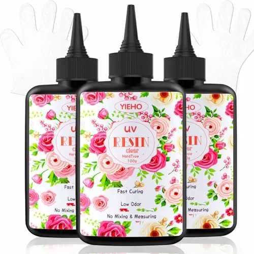 YIEHO Kit Resina UV 300g, Resina UV Transparente Joyeria | Resina Epoxi Transparente para Manualidades, Crear Joyas, DIY Llaveros, Pendientes y Collares con Guantes