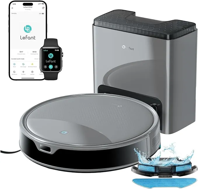 Lefant M350 Robot Aspirador y Fregasuelos con Mapeo Láser ToF, Cuerpo Ultra Delgado 7.9 cm, Succión 6000 Pa, Autovaciado 75 Días, Ideal para Apartamentos, WiFi/Alexa/App,Gris
