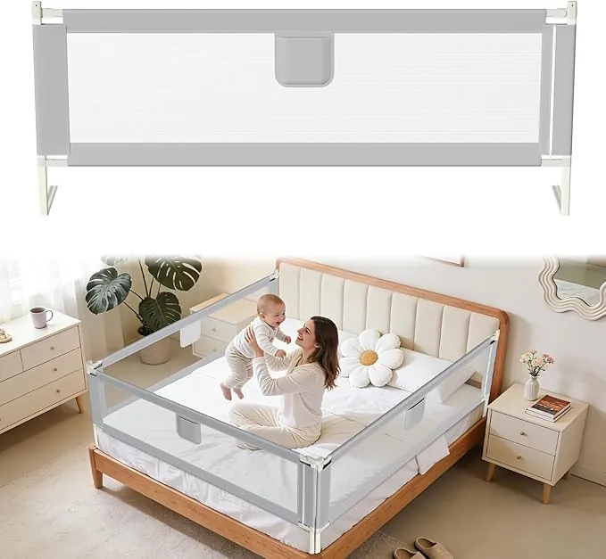 200CM Barrera Seguridad Niños Cama, Altura Regulable 64-96cm, Barrera Cama niños con protección contra caídas, Barandilla Cama niño Plegable, Fácil de Montar, Gris