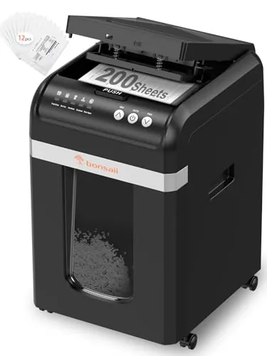 Bonsaii Trituradora de Papel con Alimentación Automática 200 Hojas, Micro-Corte P-4, 60 Min Continuo, Bajo Ruido, Ahorro Energía, Contenedor 31L, Modo Manual para Tarjetas, Ideal para Oficina, C283-A