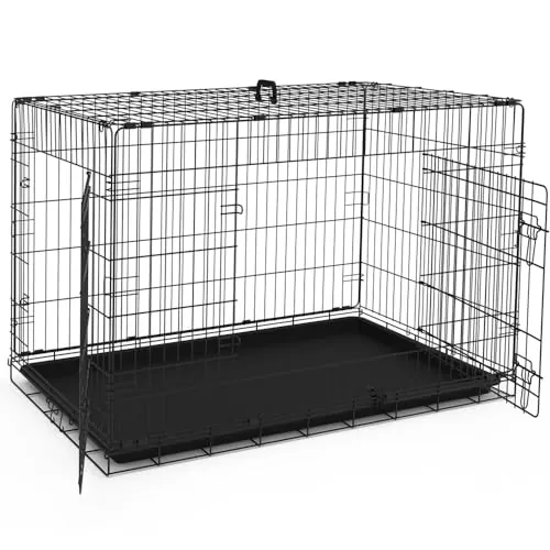 VOUNOT® Jaula para Perros de Alambre Metálico de 2 Puertas, Caja para Perros Perrera Plegable con Bandeja de Plástico Extraíble y Asa de Transporte, 122x75x81cm, Negro