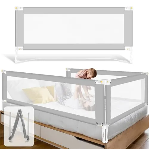 Fiqops Barrera de cama con protección contra caídas 200CMx2+150CMx1 Plegable con base en U, barrera de cama ajustable en altura 68-95cm para camas infantiles y de matrimonio, gris