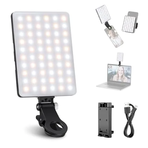 NEEWER LED Luz Selfie con Clip Frontal y Trasero para Movil/Portátil, Alta Potencia 60 LED 2000mAh Recargable CRI 95+ 3 Modos Panel de Iluminación Portátil para Zoom Call TikTok Video Foco Fotografía