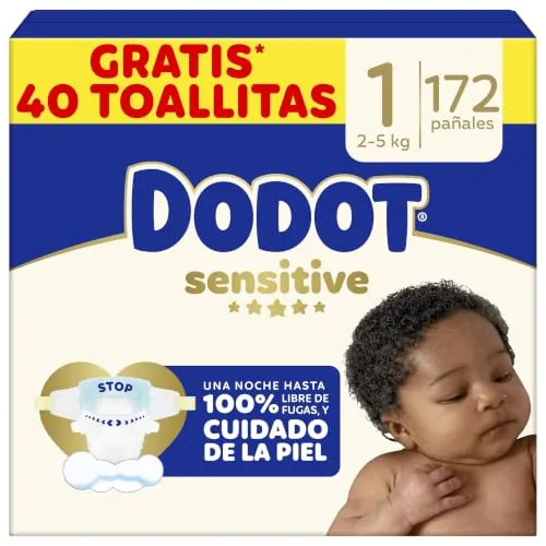 Dodot Pañales Bebé Sensitive Talla 1 (2-5 kg), 172 Pañales + 1 Pack de 40 Toallitas Gratis de Aqua Plastic Free, Nº1 en Protección de la Piel de Dodot, Pack Mensual