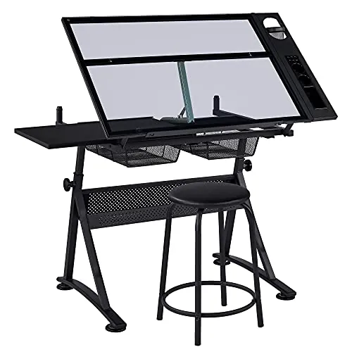 Yaheetech Mesa de Dibujo Reclinable con Taburete Inclinable