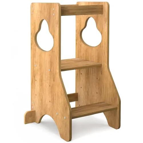 COSYLAND Torre de Aprendizaje Montessori de Madera para Niños Desde 18 Meses – Altura Ajustable en 3 Niveles – con Barandillas de Seguridad – Estable y Fácil de Montar – 80CM, Natural, Disco