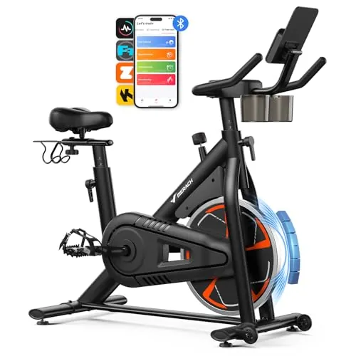 MERACH Bicicleta Estática con Resistencia Magnética, Bicicleta de Interior Silenciosa con Sillín de Aire Amortiguado, Monitor LED, App Propia, Marco en H Estable para Mayor Soporte, Capacidad 150KG