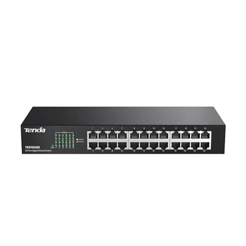 Tenda TEG1024D Gigabit Ethernet Switch, 24 Puerto RJ45, 48 Gbit/s,10/100/1000 Mbps, Auto MDI/MDIX, Montaje en Escritorio/Rack, Protección Profesional contra Rayos, No Administrado, Plug & Play, Metal