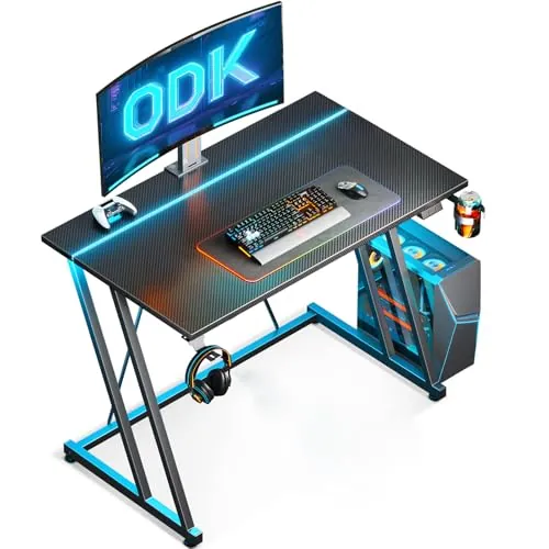 ODK Escritorio Gaming con Luces LED, 80x50cm, Fibra Carbono Negro
