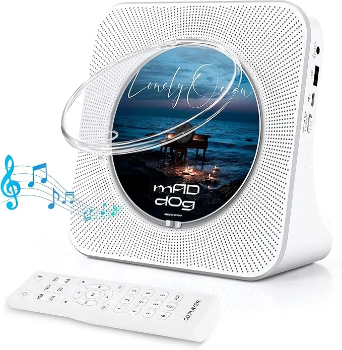 Reproductor CD Bluetooth con diseño de Escritorio, Reproductor de CD portátil con Doble Altavoces y Temporizador, Admite Entrada AUX/USB, Radio FM, Toma de Auriculares, Transmisión Bluetooth