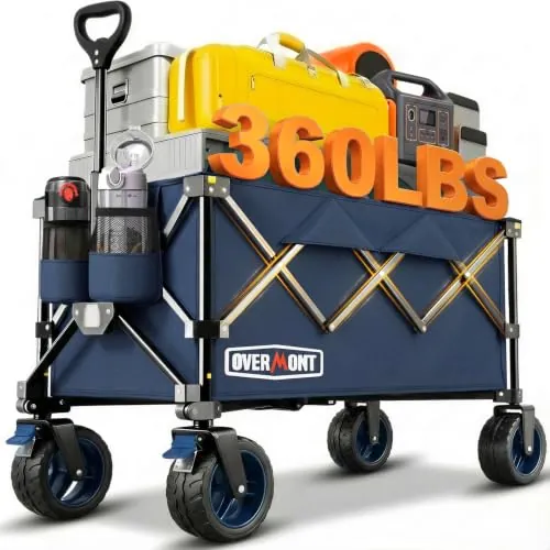 Overmont Carro Playa Plegable con Ruedas - Carrito de Jardín Todo 150L 150 kg con Todo-Terreno Desmontables Ruedas Grandes - Carros transporte plegable con Portavasos per Camping Compras Deportes Azul