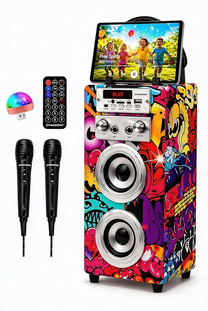 Dynasonic Karaoke Altavoz Bluetooth Portatil, 2 Micrófonos, USB/SD/AUX, Luces LED, Batería Recargable. Regalo para niños, comunión, cumpleaños y Fiestas