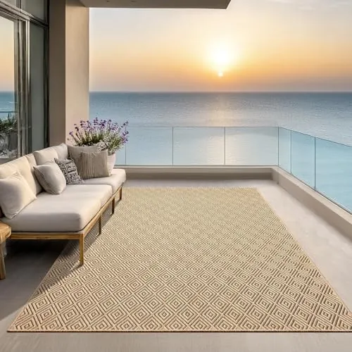 the carpet Kansas - Alfombra para Exterior e Interior con Aspecto de Yute Natural, Resistente a la Intemperie, Apta para Patio y jardín, Naturaleza, 200 x 290 cm