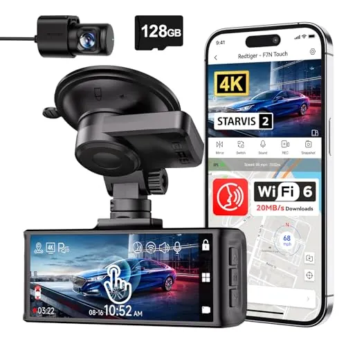 REDTIGER Dashcam Coche 4K, STARVIS 2, 5.8G WiFi, Tarjeta Memoria 128 GB
