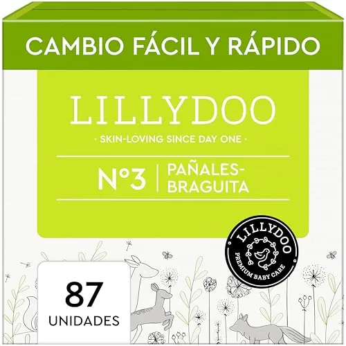 Pañales-braguita LILLYDOO - talla 3 (6+ kg), caja de medio mes (87 unidades), protección contra fugas, delicados con la piel, suaves, sin perfumes ni lociones, dermatológicamente testados