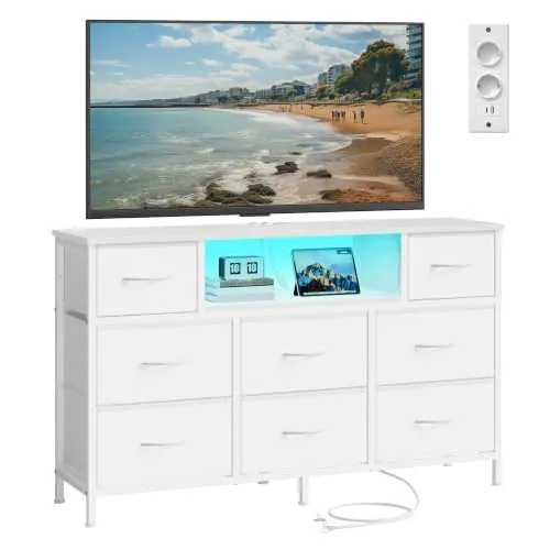 SONGMICS Cómoda, Mueble TV con 8 Cajones de Tela, Luces LED y Enchufes