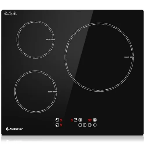 AMZCHEF 60CM Empotrable Placa Inducción 3 fuegos, 7400W, 9 Niveles