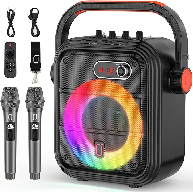 JYX Karaoke con 2 Microfonos Inalambricos, Altavoz Karaoke Profesional Completo con Luces de Fiesta, Portátil Karaoke con PA Sistema Soporta TWS/AUX/FM/USB/Tarjeta TF/Rec