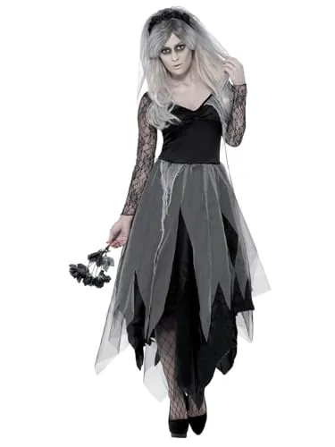 Smiffys Disfraz de novia de cementerio, con vestido y velo con rosas Halloween, Carnaval