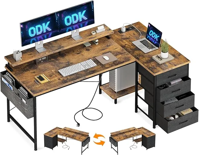 ODK Escritorio Esquinero con 4 Cajones de Tela, 160x80cm Escritorio en L Reversible con 2 Puertos de Carga USB y 2 Enchufes, Mesa en L con Estante para Monitor para Oficina en Casa, Marrón