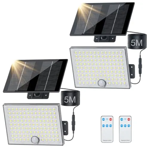 Giliwosy Focos Led Exterior Solares, Luz Solar Exterior con Sensor de Movimiento con Control Remoto, 2000mAh Batería Recargable, 4 Modes, IP65 Impermeable, Cable de 5M, Luces Led para Jardín, 2 Piezas