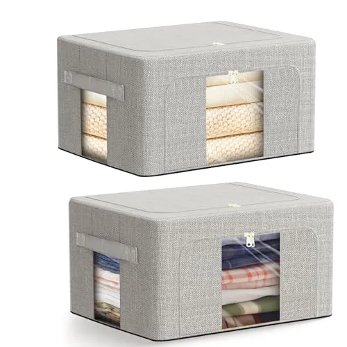 AIOR 2pcs Bolsa de Almacenamiento de Ropa con Estructura Metálica Plegable, 66L Tela Oxford Cajas de Almacenaje Ropa, Organizador Guardar para Juguetes Mantas
