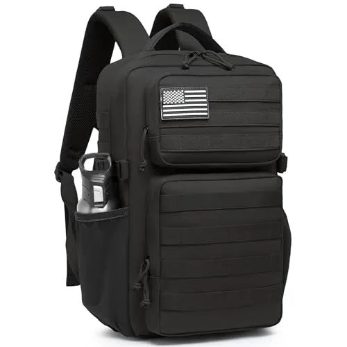 Mochila táctica militar para hombre, impermeable, mochila de asalto de 3 días, bolsa Molle con soporte para botella de agua, Black, 25L