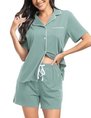 Lovasy Pijama Botones Mujer Manga Corta Algodon Verano Corto Pijama con Bolsillos Ropa De Dormir Conjunto,Verde Claro,S