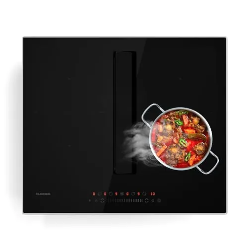 Klarstein Chef-Fusion Placa de Inducción con Extractor Integrado - 7200W, Boost 8400W, 590 m³/h, Eficiencia Energética A, Diseño Estético, Acero Inoxidable y Cristal, 60×30×52 cm