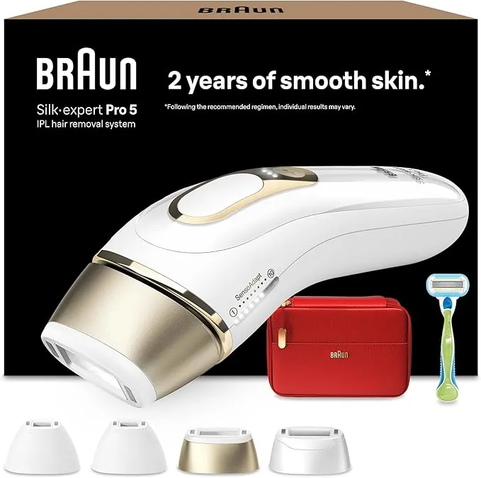 Braun Luz Pulsada Silk·expert Pro 5, Alternativa a Depiladora Laser, Eliminación del Vello en Casa, Depiladora IPL con Funda, Maquinilla Venus, 4 Cabezales para Cara Y Cuerpo, Blanca/Dorada, PL5382