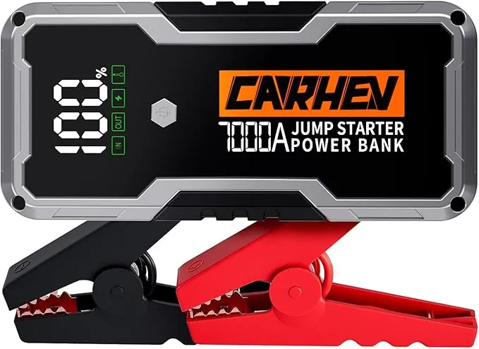 CARHEV Arrancador de Coches 7000A, 12V Arrancador de Bateria de Coche Portátil Compatible con Motores de Gasolina y diésel de hasta 10 litros, Jump Starter con Linterna LED y Pinzas bateria Coches