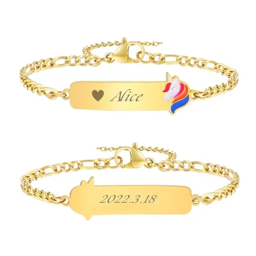 VNOX Pulseras Identificativas Niños Pulsera Personalizadas: Pulsera Infantil Chapada en Oro de 18K Grabado de Nombre y Número Regalos Comunion Niña Niño(Unicornio)
