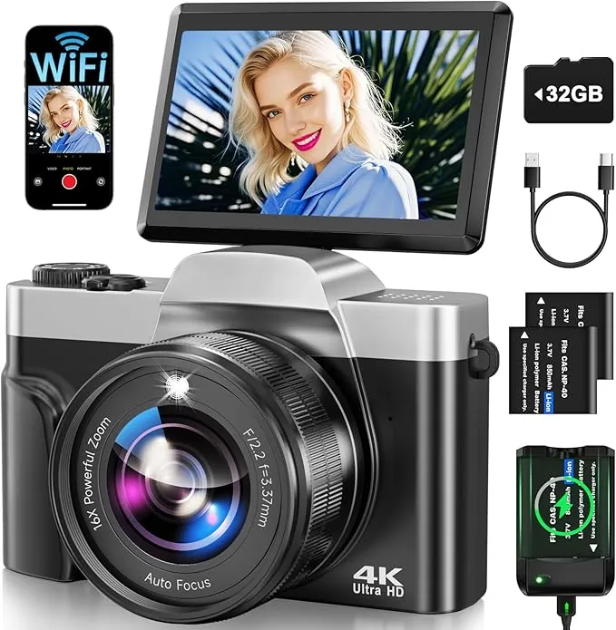 Camara de Fotos con WiFi, 64MP 4K Autofocus Camara Digital Compacta con Pantalla Flip De 180° De 3" Zoom Digital 16X, Tarjeta De 32 GB Estación de Carga, 2 Baterías para Principiantes, Adolescentes