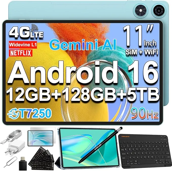 TECLAST P50 Tablet 11 Pulgadas Android 16 Tableta 90Hz, Doble SIM 4G LTE + 5G WiFi, 2GHz Octa-Core T7250 Gemini AI, 128GB ROM(TF 5TB), 7000mAh/Widevine L1/GPS/3.5MM/OTG, Tablet con Teclado+Lápiz+Funda