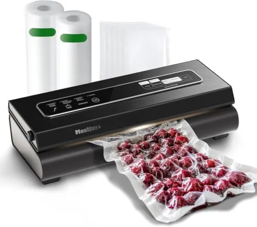 Mesliese Envasadora al Vacío, 90 kPa, Sistema Compacto 6 en 1 para Envasar Alimentos al Vacío con Cortador, 2 Rollos de Bolsas, 5 Bolsas Precortadas, Modos Seco y Húmedo (Gris Oscuro)